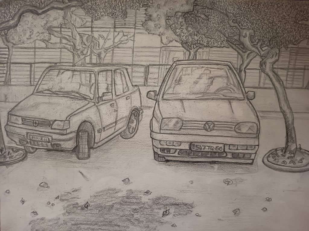 Esquisse parking lycée jean lurçat voitures wolksvagen, crayon