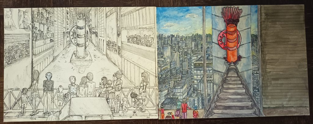 Architecture de papier mise dans un paysage urbain perspective. Feutre fin noir et aquarelle