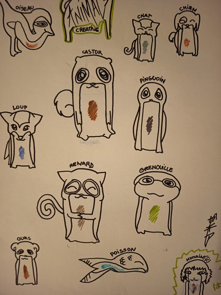 Mascottes animaux et humain, style simplifié, représentation