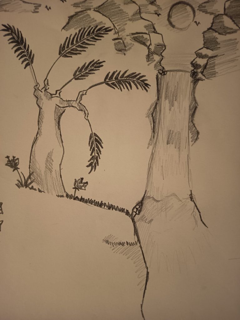 Paysage crayon, arbre et cascade