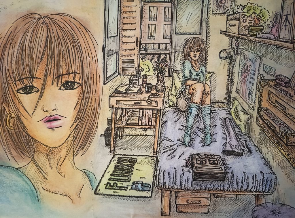 Feutre fin noir et crayons de couleurs. Fille étudiante dans sa chambre, style manga
