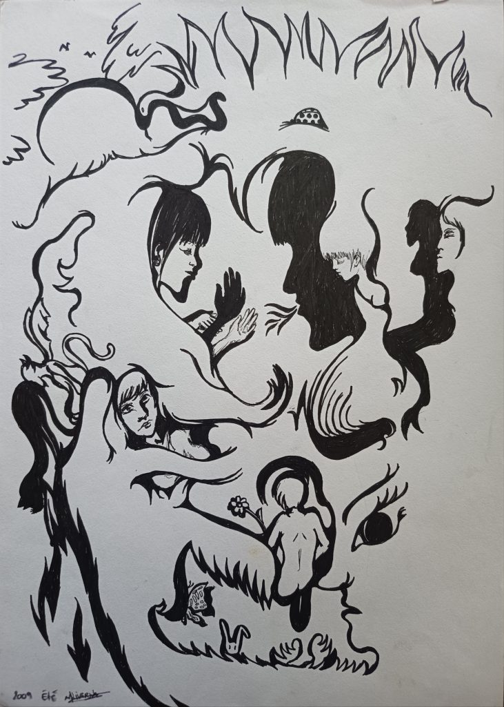 silhouettes cachées. formes plekns et évidées. Feutre noir. Trouver 16 êtres.