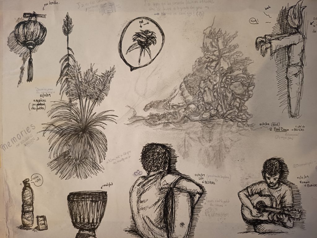 Sketches multiples, inspiration, musique instruments musicien, nature plantes plumeaux, cascades. Crayons et feutre fin noir