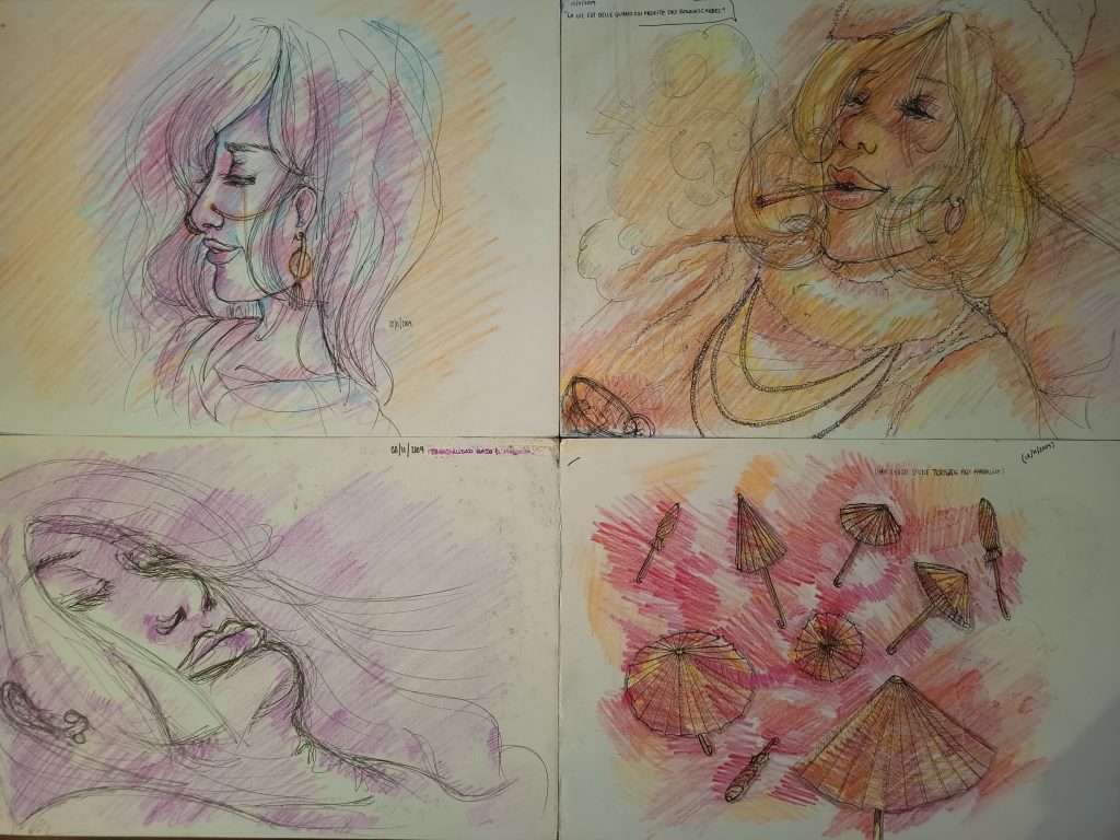 Serie crayons couleurs ambiances colorées femmes et parapluies