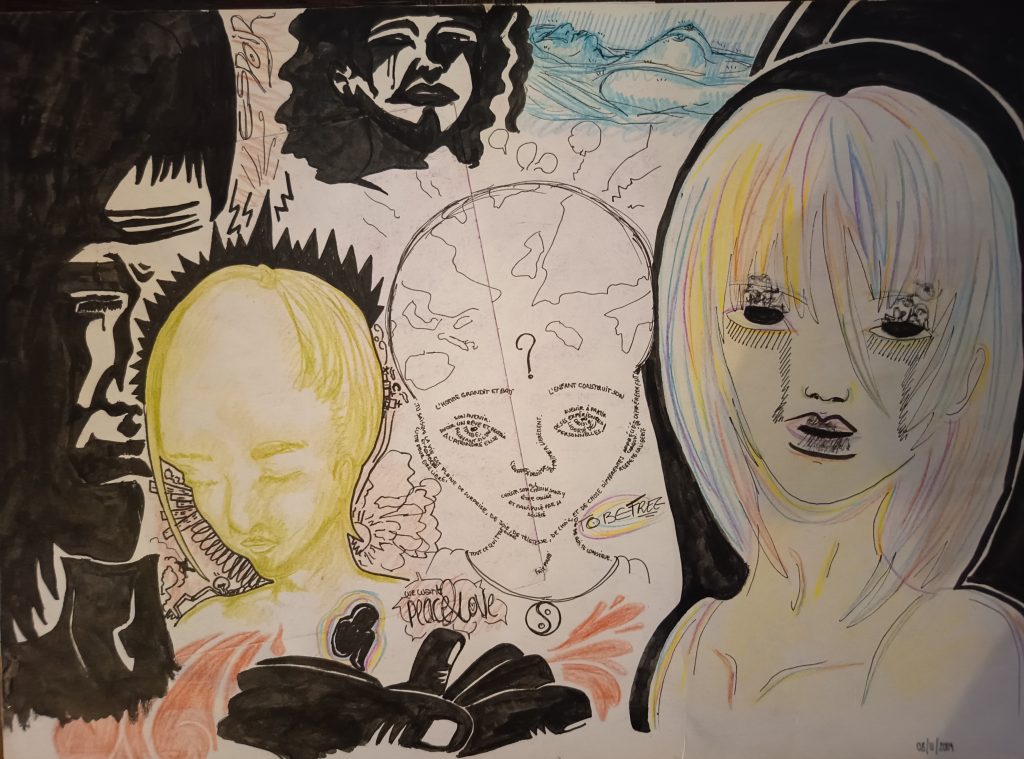 Thinking about the world i know. Dessins. multiples crayons et feutres