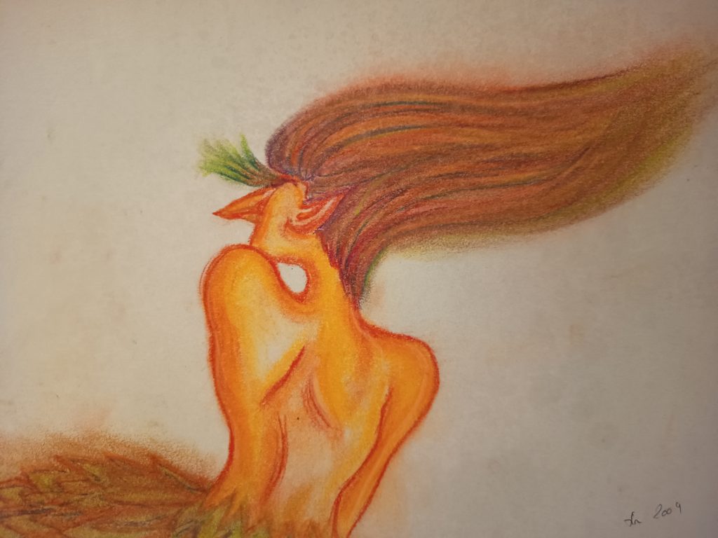 Femme oiseau pastels secs oranges