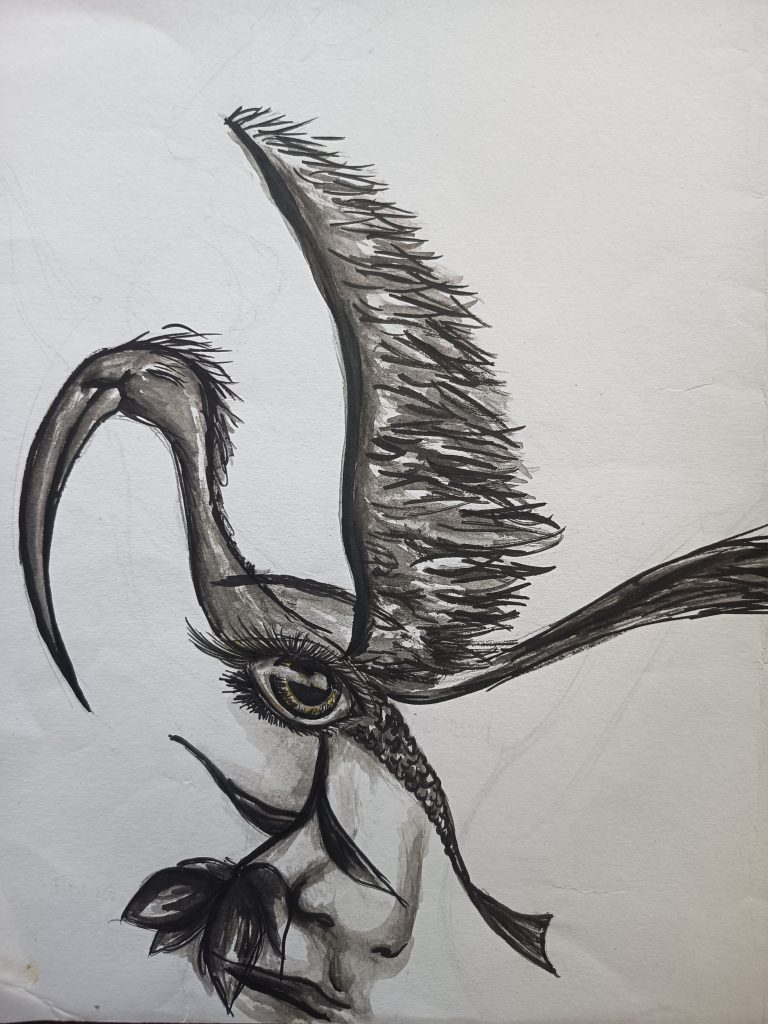 Hope œil oiseau et fleur encre de chine