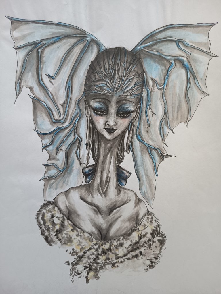 Murcielago woman brillant Wings head encre de chine et couleur bleu