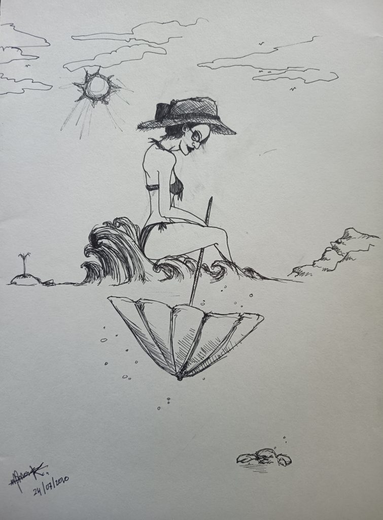 Playa, beach, mer femme bikini parasol et soleil, feutre fin noir
