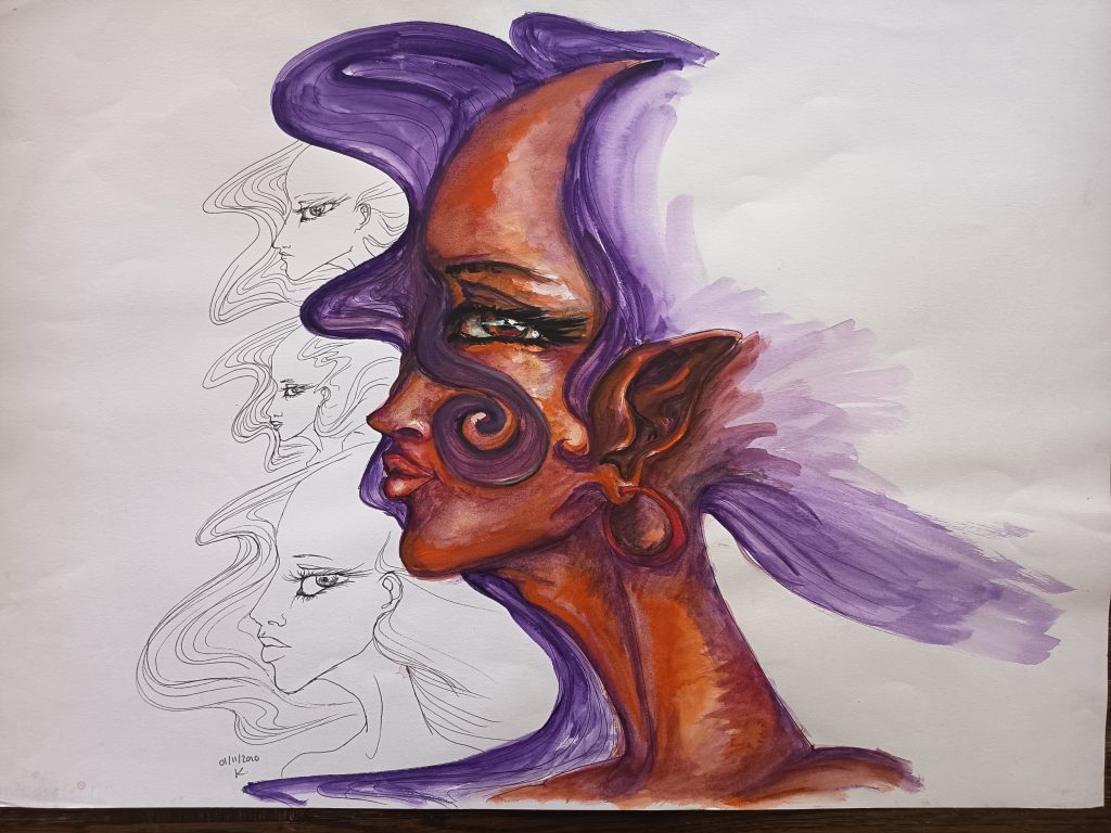 Elfes aquarelle et feutre fin noir