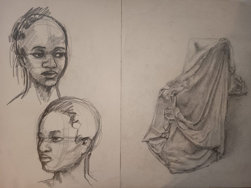 Esquisse au fusain et crayon face et drapé université Mirail II Toulouse arts appliqués