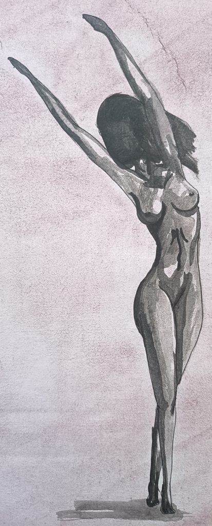 Woman body Encre de chine sur fond teinte de rose