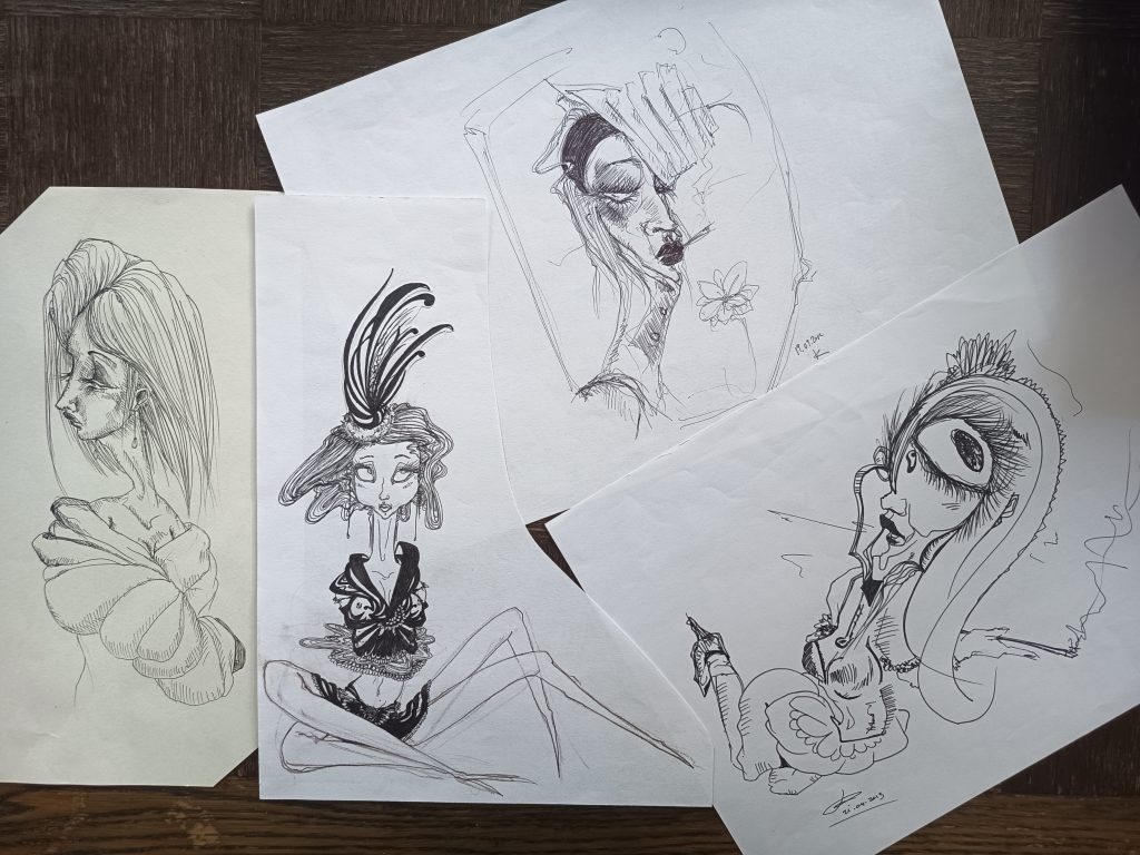 Divers dessins feutre fin noir crazy dark period