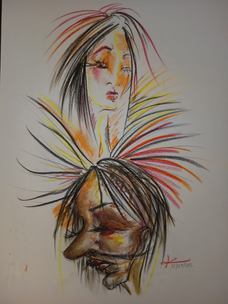 2 faces woman & man crayons de couleurs