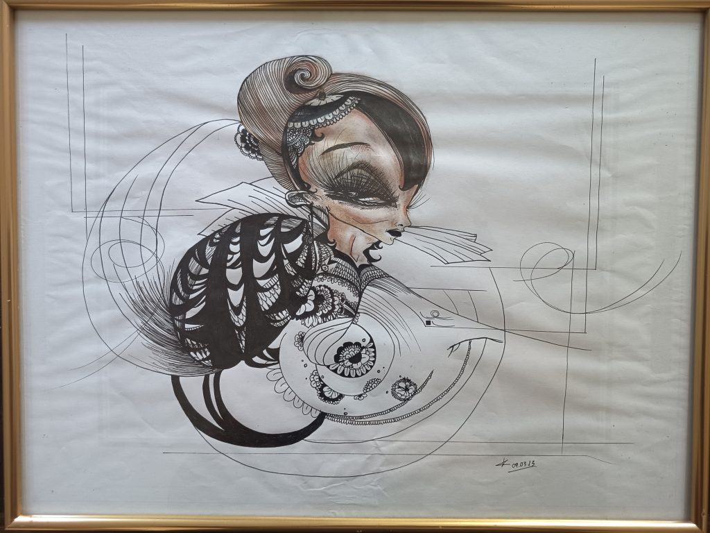 Woman technic feutre noir et crayons