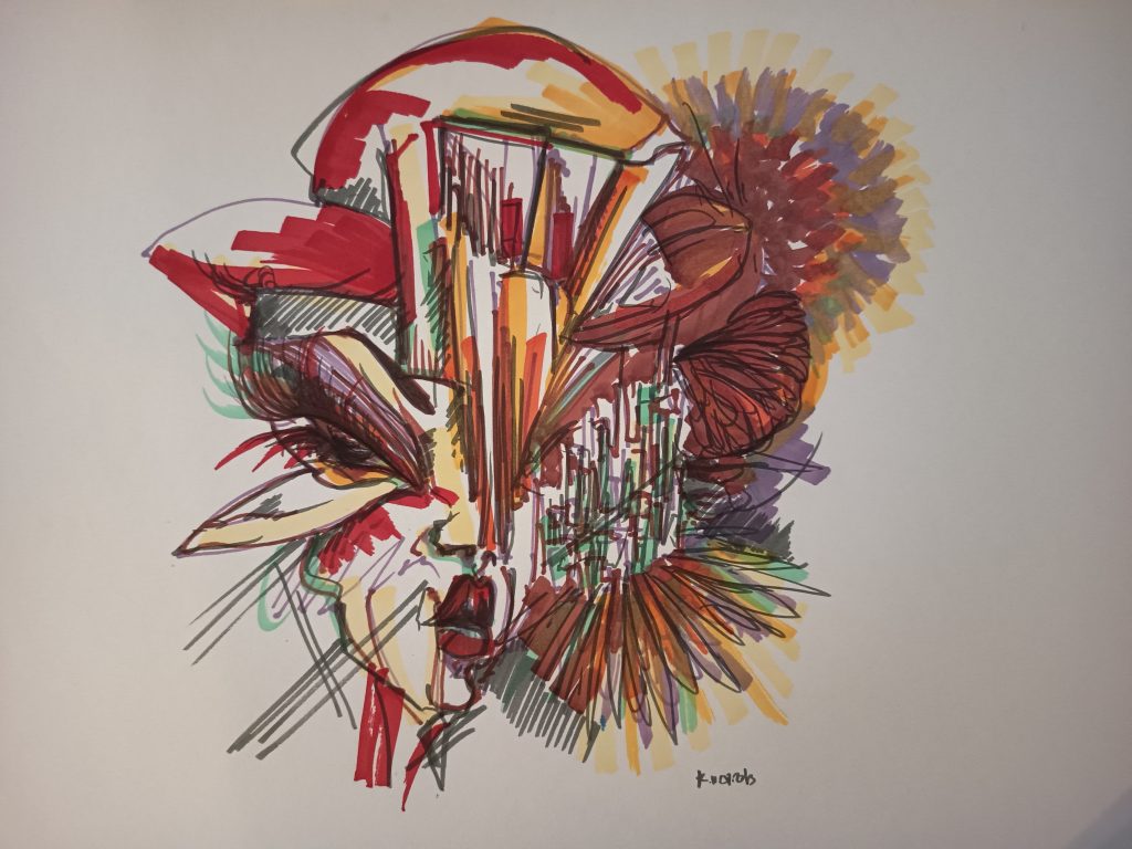 old woman creature and flower feutres