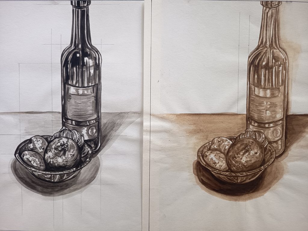 Training draw Bodegon bouteille et panier de fruits encre de chine et broux de noix