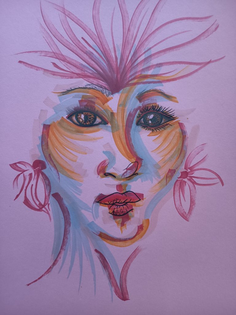 Flower woman Feutres sur papier rose