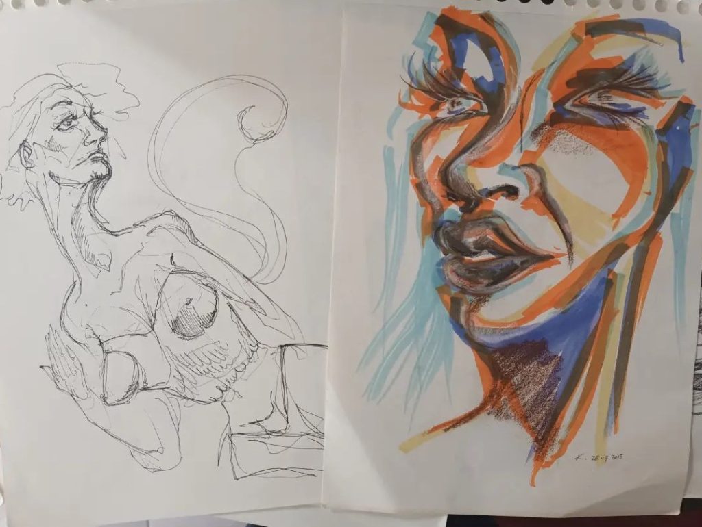 Deux dessins Woman illustration fictive portrait feutre et corps stylo