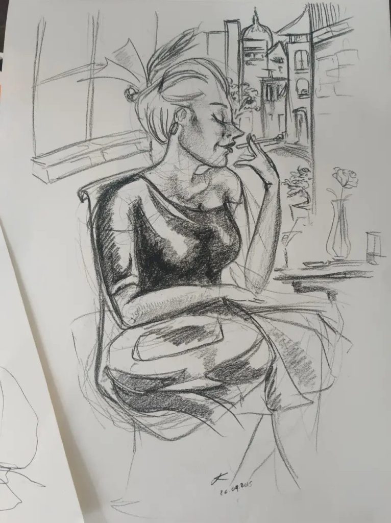 Cafe woman smoking crayons
