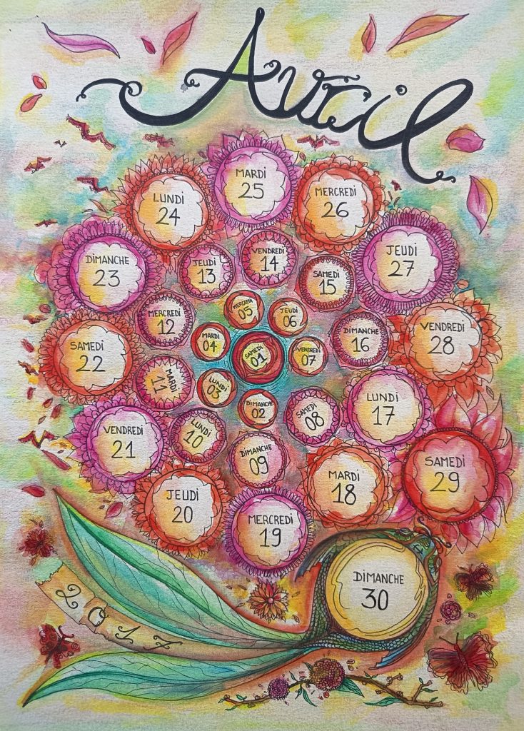 Calendrier créatif mois d'avril aquarelles poissons et fleurs
