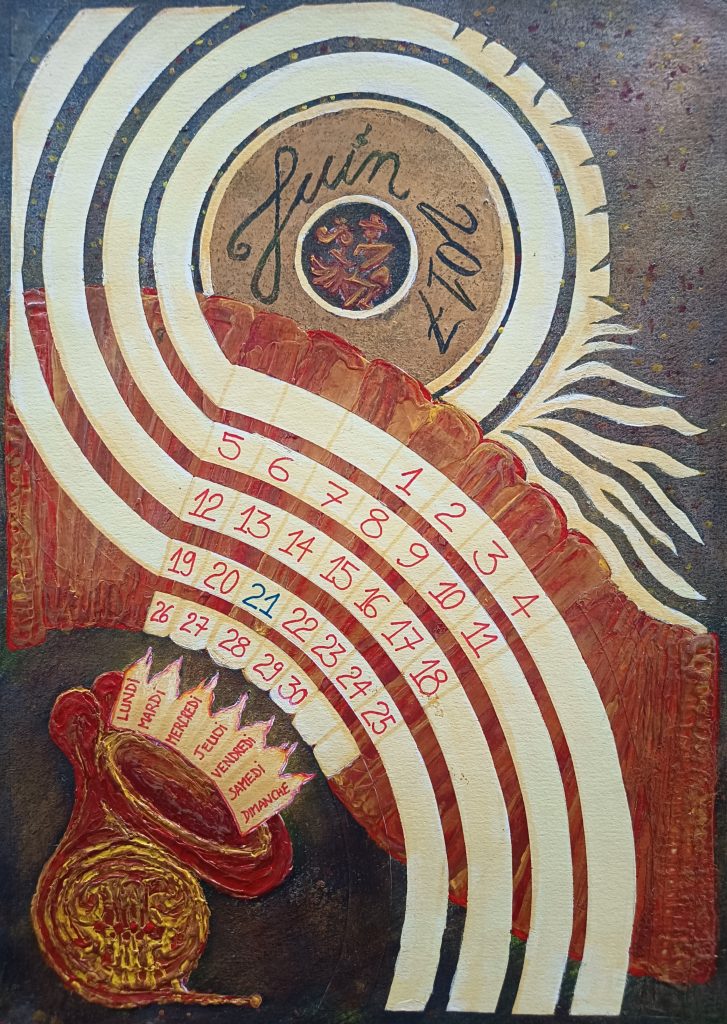 Calendrier créatif mois de juin pastels et acrylique techniques mixtes disque musique instrument soleil
