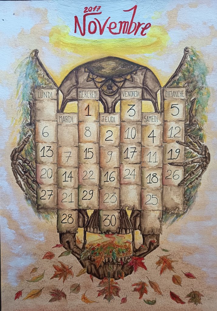 Calendrier créatif mois de Novembre aquarelles squelette parchemin tete de mort