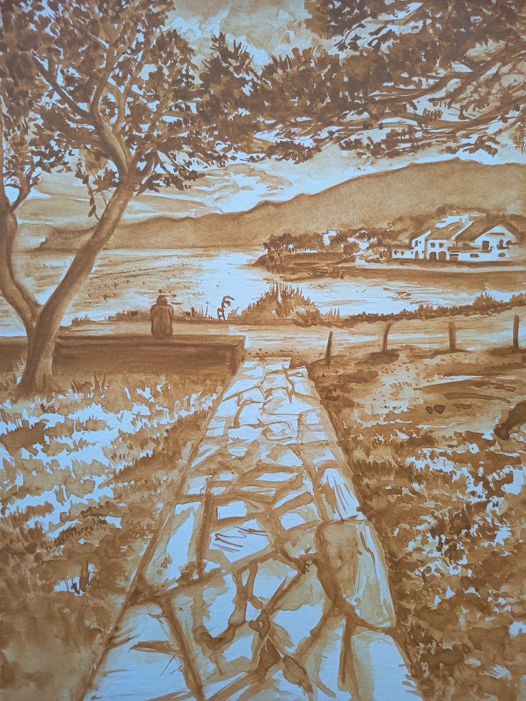 Aquarelle ocre terre de sienne. paysage campagne et lac