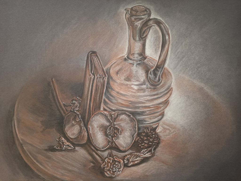 Bodegon hyperealisme jarra de agua pomme de pin manzana livre sépia fond gris