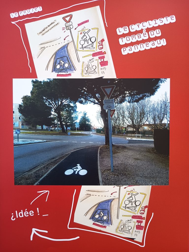 Installation in situ thuir tombé du panneau accident humoristique vélo
