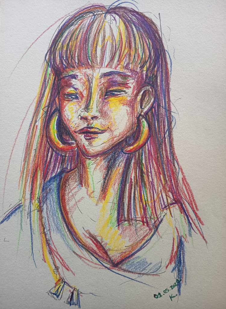 Colorful girl frange et boucle d'oreille crayons de couleurs