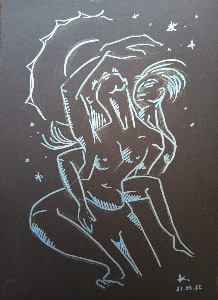 Dance in the night couple contourt bleu luminescent dans le noir feutres