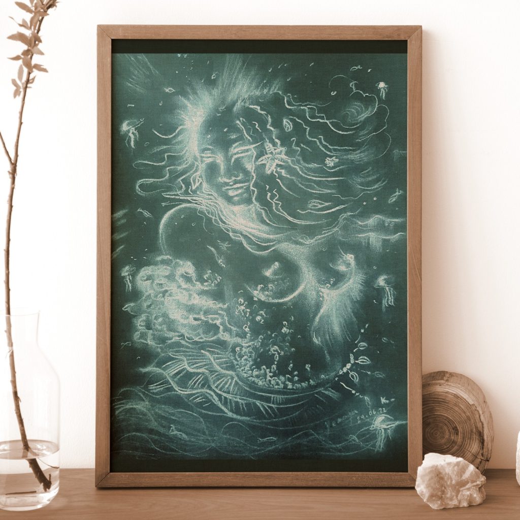 Orishas Yemaya divinité craies bleu sur fond noir