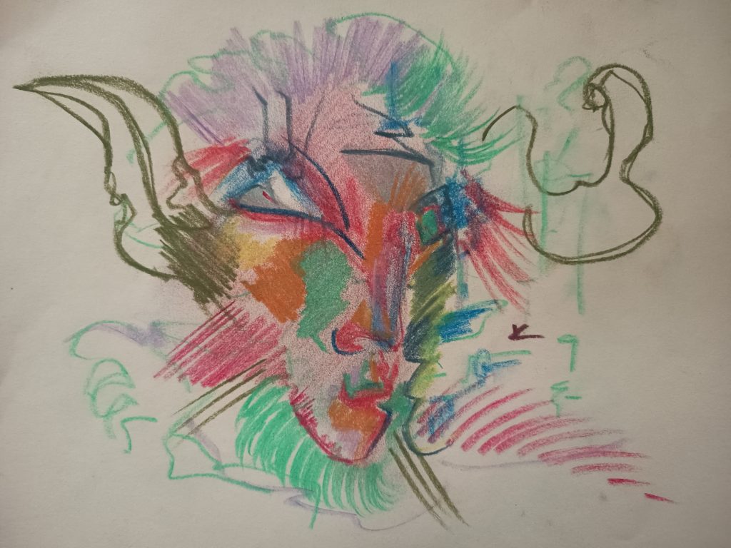 Craies gribouillis visage mi humain mi créature crayons de couleurs