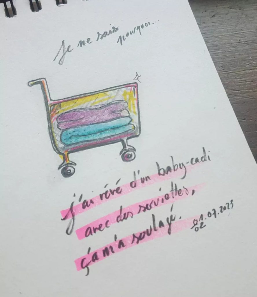 Croquis d'un rêve d'un babycadi avec des serviettes. stylo et crayons couleurs