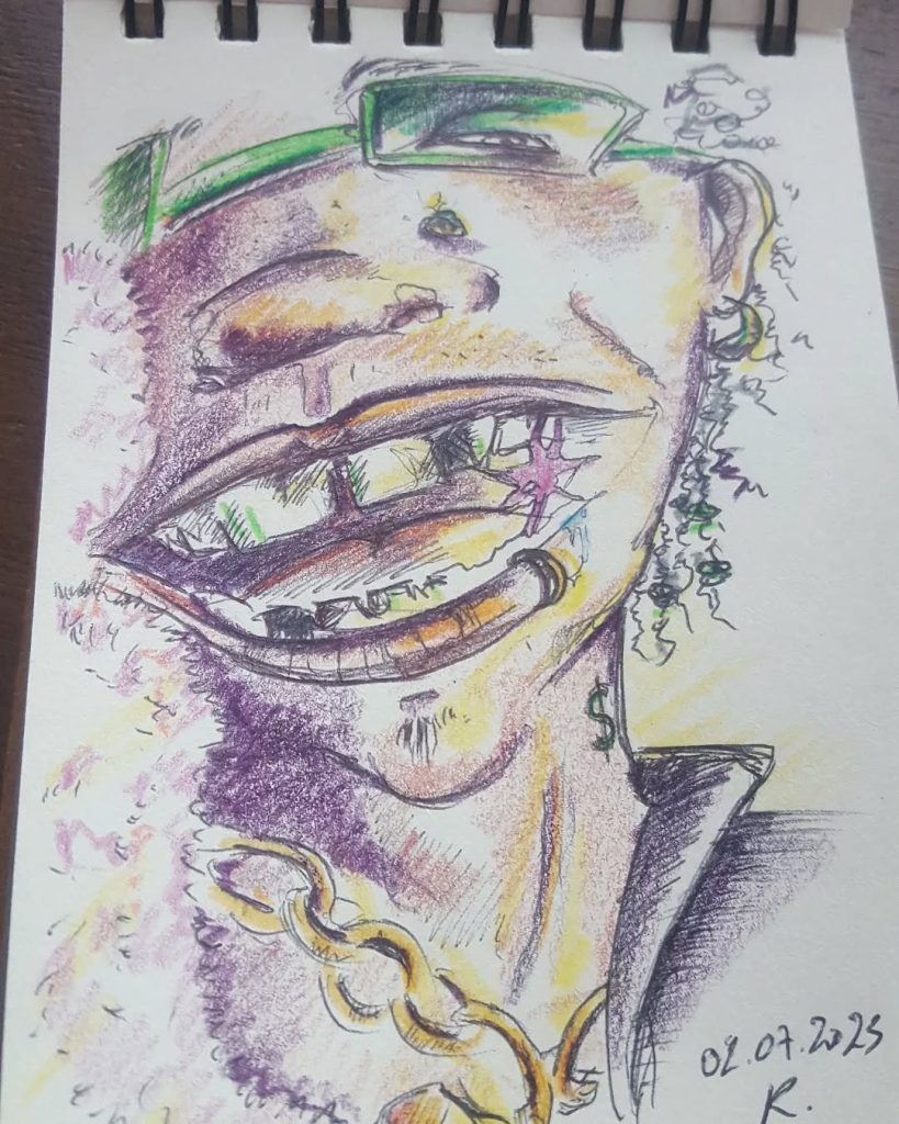 Illustration loufoque, getto style couleurs cybernétiques crayons de couleurs
