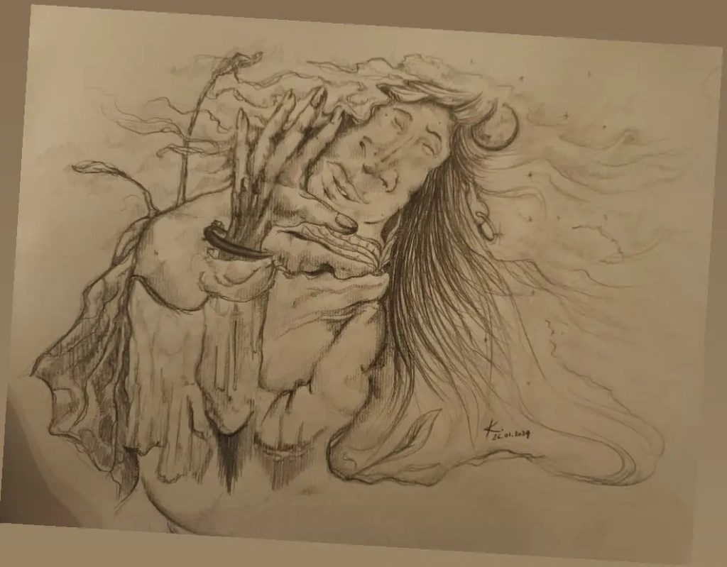 Pensive Dessin woman thinking Femme imagination tête crayon noir et blanc