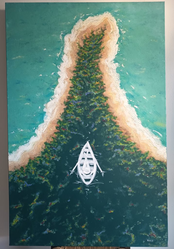 Tableau Boat acrylique île abondance naturelle voie pure mer sable