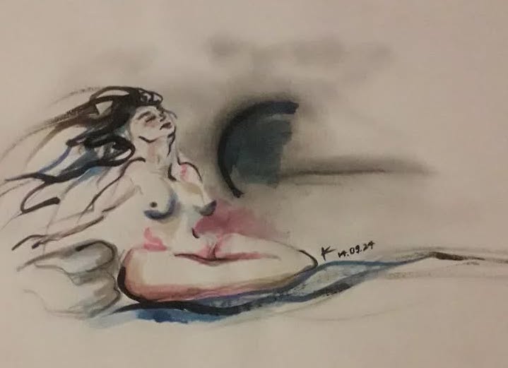 Dreaming woman. Femme sensation vent et ciel. Liberté et corps contraste nuit et douceur chaleur et espace
