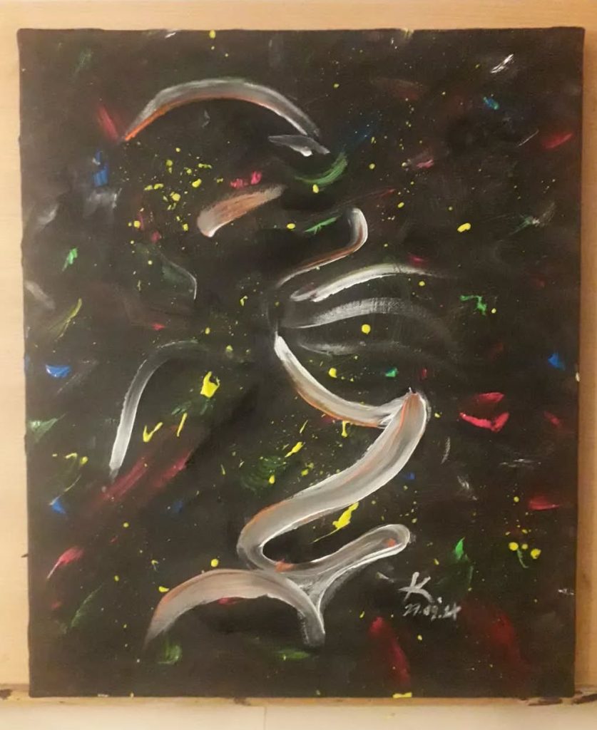 In the nigth, woman forme évidée presque abtrait. couleur vives sur fond noir. actif mouvement spontanéité. Le corps par la place dans l'espace sous entendu