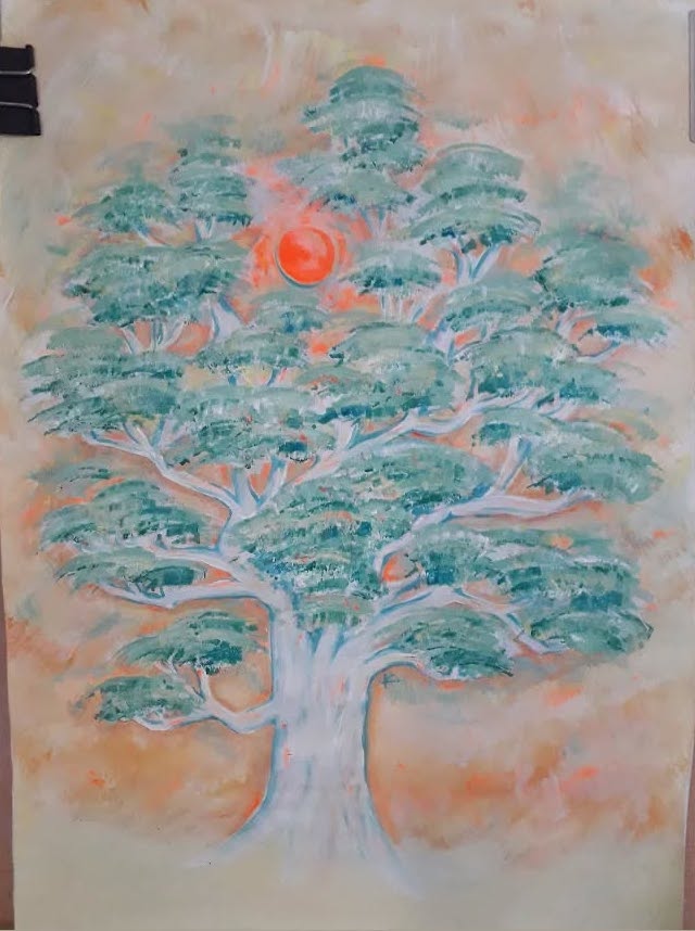 Arbre de vie, peinture acrylique. orange et céladon pensé pour papier-peint