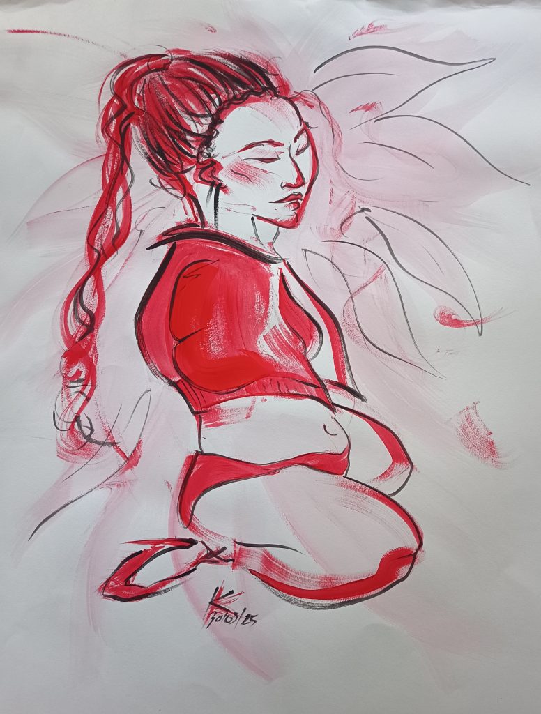 Asian girl, peinture rouge et encre de chine