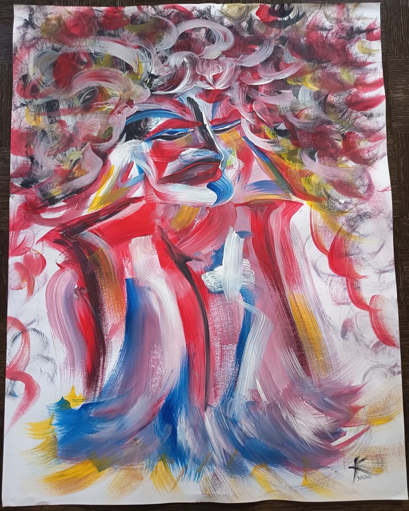 Peinture acrylique femme prédominance rouge bleu jaune couleurs primaires
