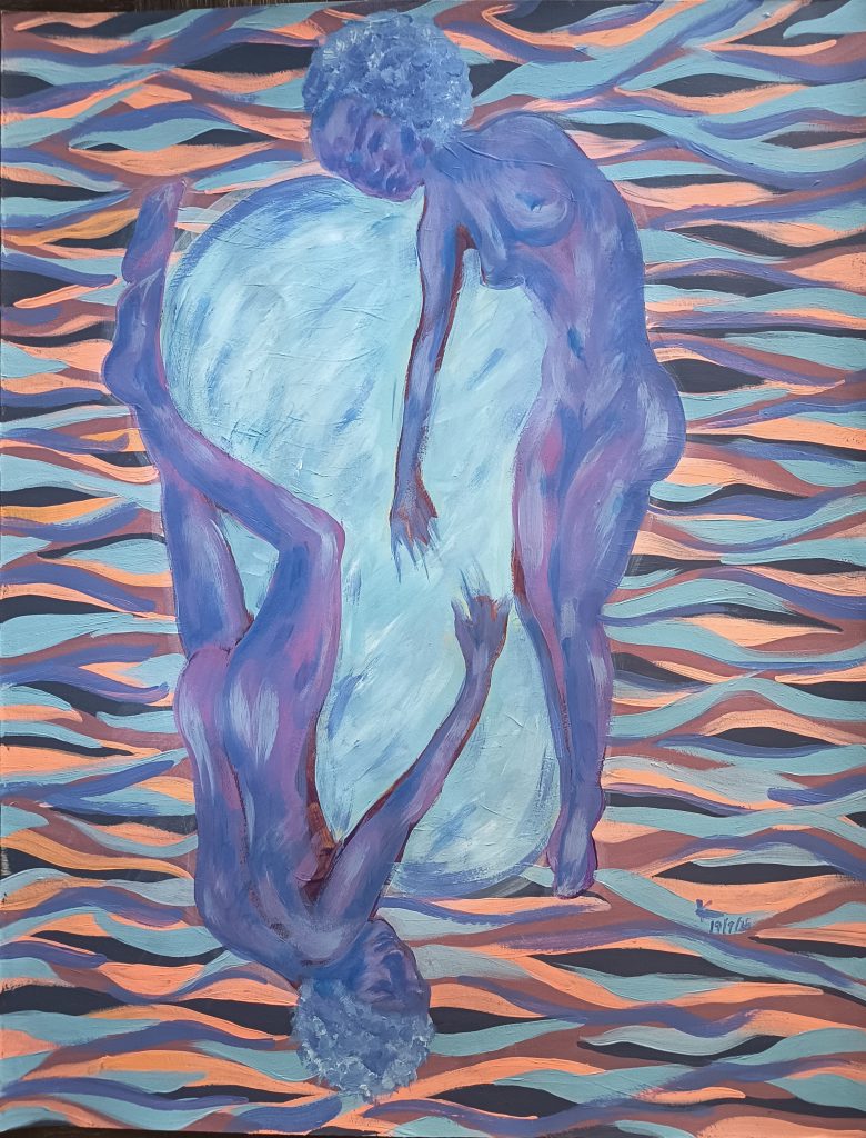 Together. Reprise d'une œuvre entamée en 2025. Peinture acrylique. Corps et bulle, tissage de liens, espace et soutien, équité et 69