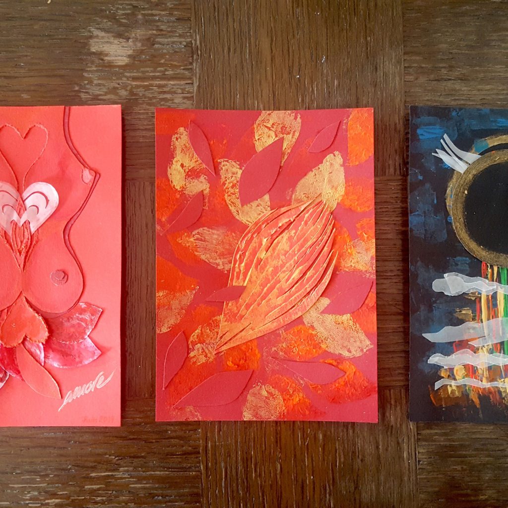 3 cards collages peintures, symbolique poétique suréalisme corps femme amour et sex, feuilles automne or hivers, ciel eclipse et nuages et arc en ciel
