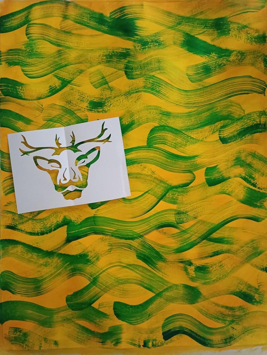 Carte de noël artisanale – Rène — jaune et vert, silhouette de renne, très graphique