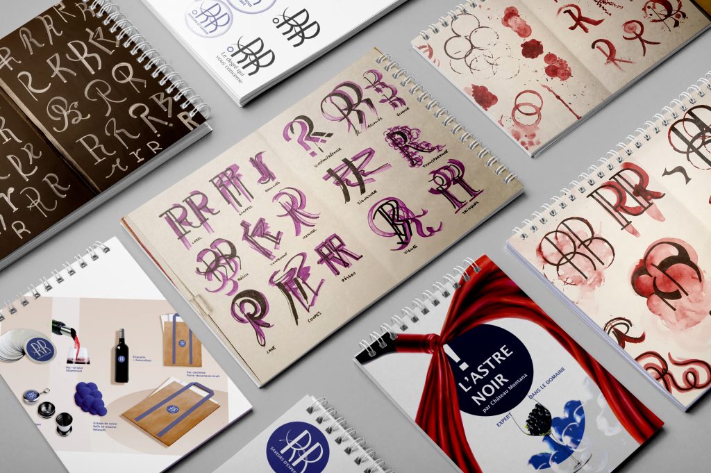 Planche de recherche pour le logotype d'un courtier en vins et spiritueux