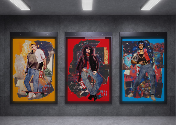 Campagne publicitaire de mode. Jean levis. Série d'affiche en collage unisexe plusieurs style skater, rock, dance. Typographie créé en imitant les fils du jean. Jean représenté par un morceau de Jean.