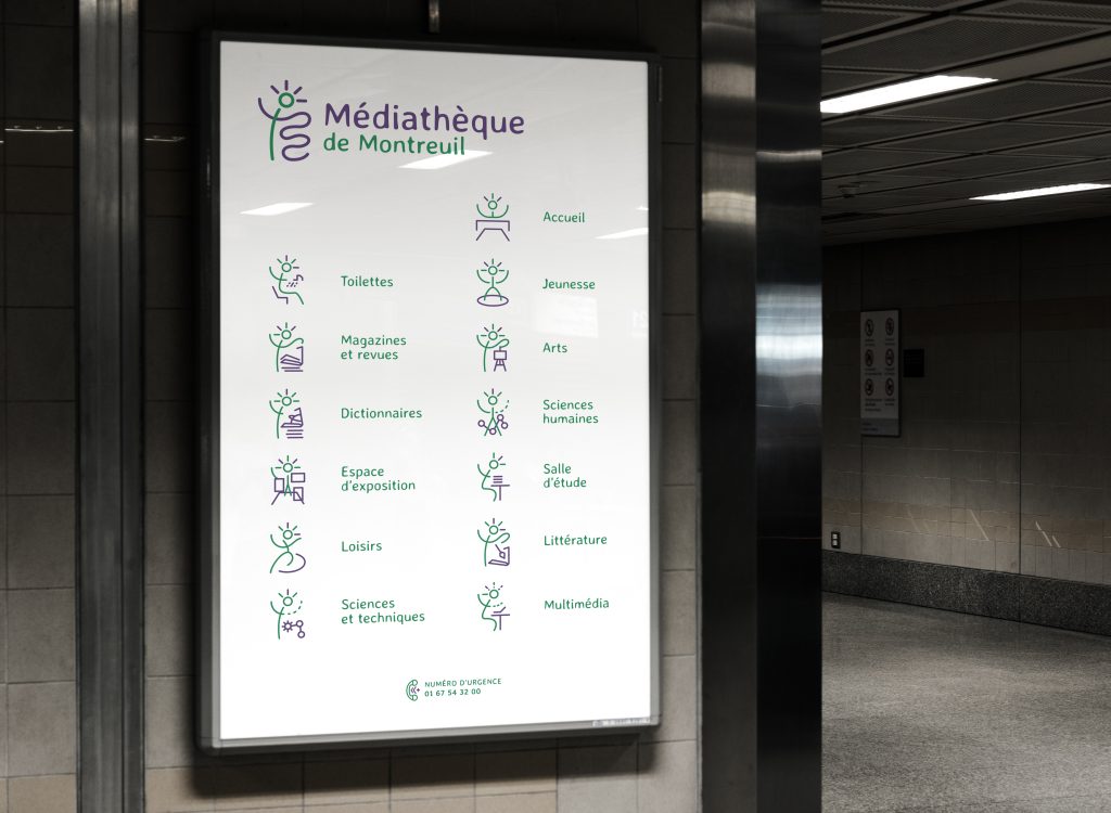 Identité visuelle de la médiathèque de montreuil. Signalétique pictogrammes