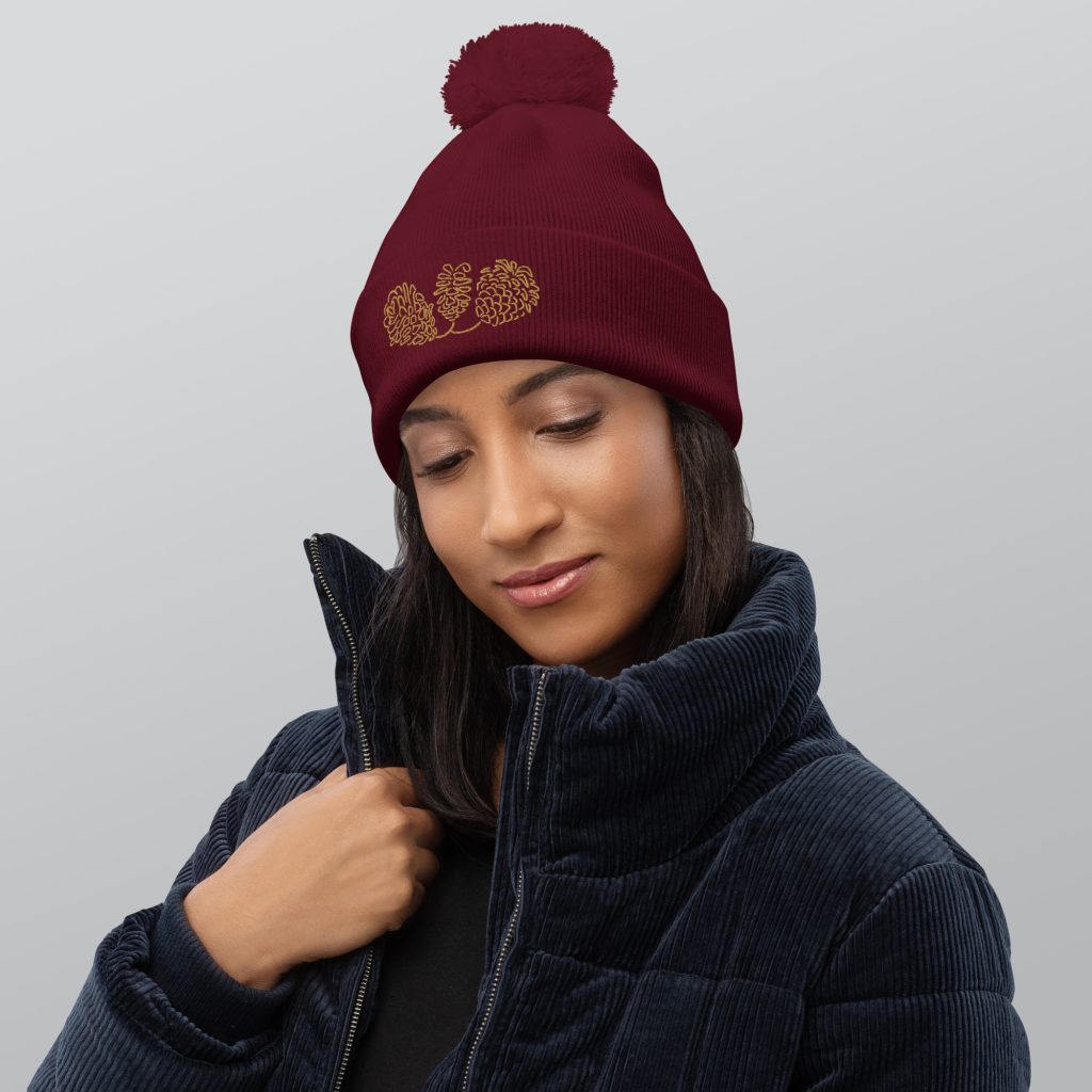 Bonnet a pompom femme motif brodé pomme de pin burgundy